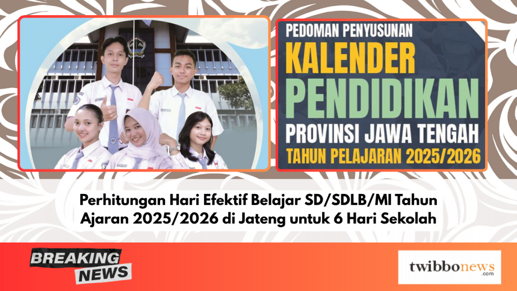 Perhitungan Hari Efektif Belajar SD/SDLB/MI Tahun Ajaran 2025/2026 di Jateng untuk 6 Hari Sekolah