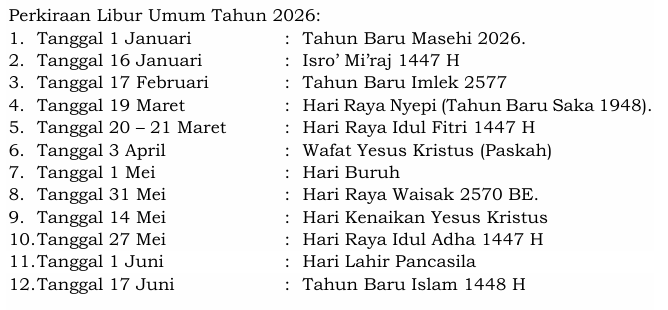 Perkiraan Libur Umum Tahun 2026 Perkiraan Libur Umum Tahun 2026