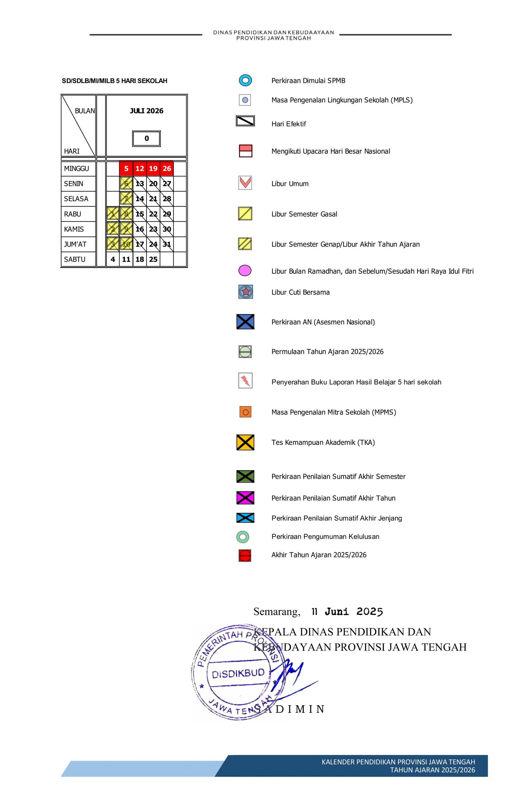 Kalender Pendidikan 2025/2026 SD/MI Jawa Tengah 5 Hari Sekolah