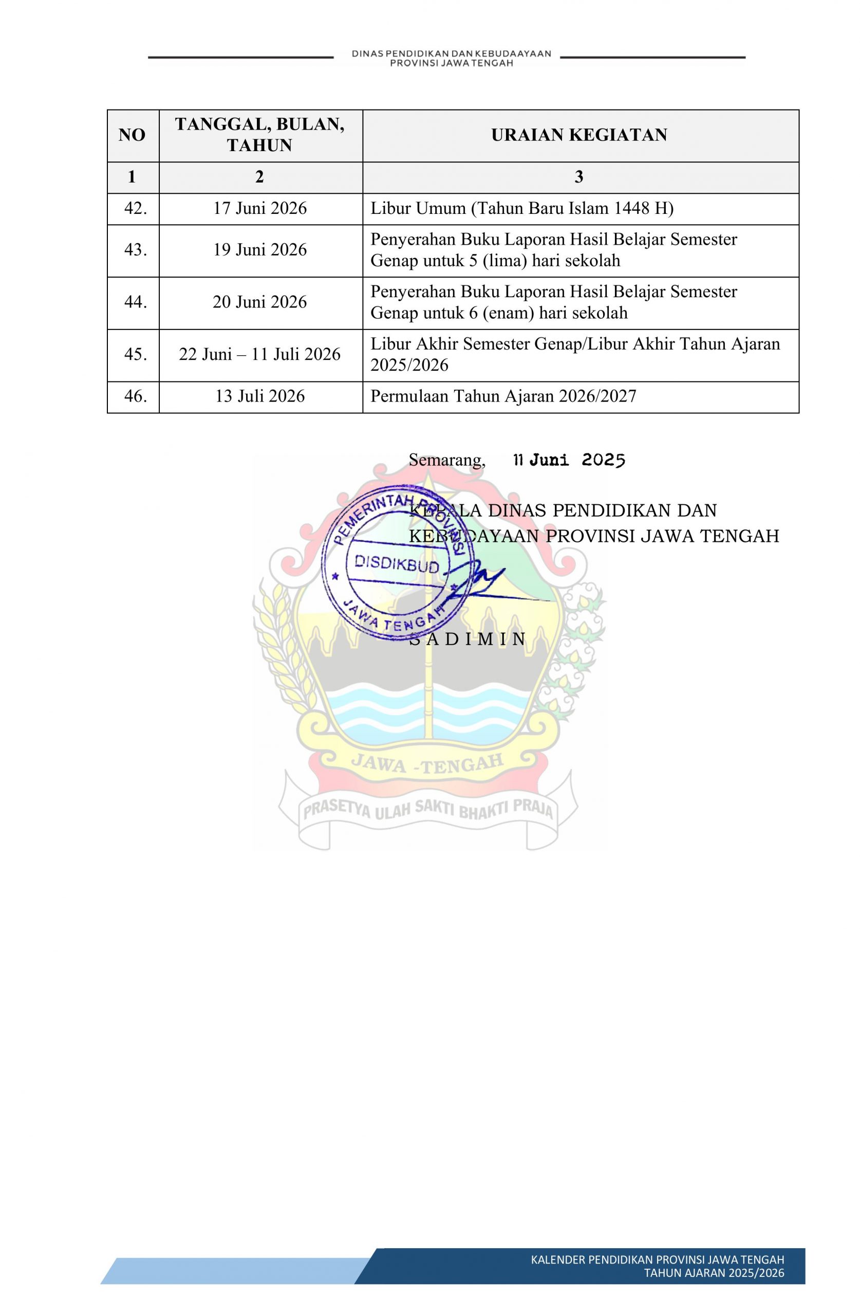 uraian Kalender Pendidikan 2025/2026 SD/MI Jateng