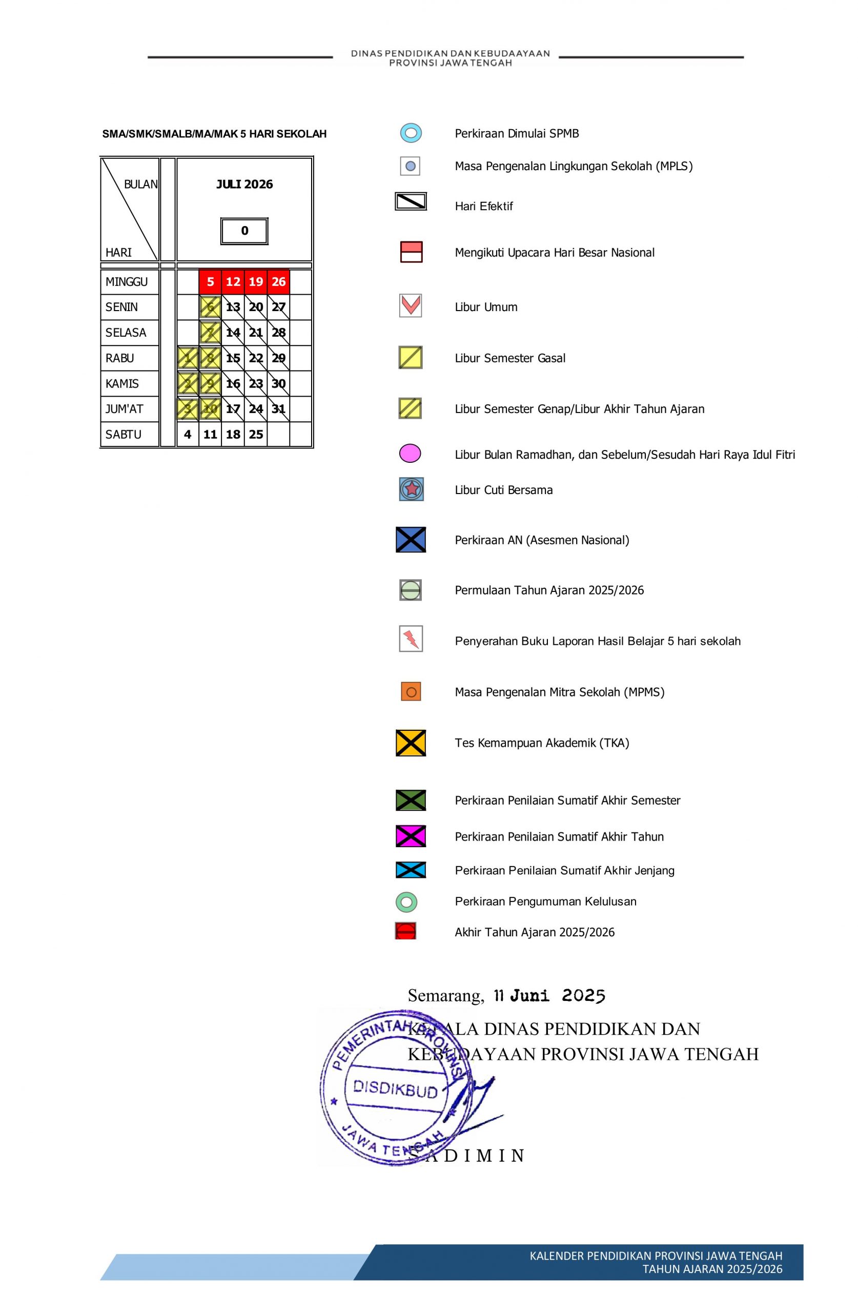 kalender pendidikan jawa tengah sma smk ma 2025 2026 5 hari sekolah 