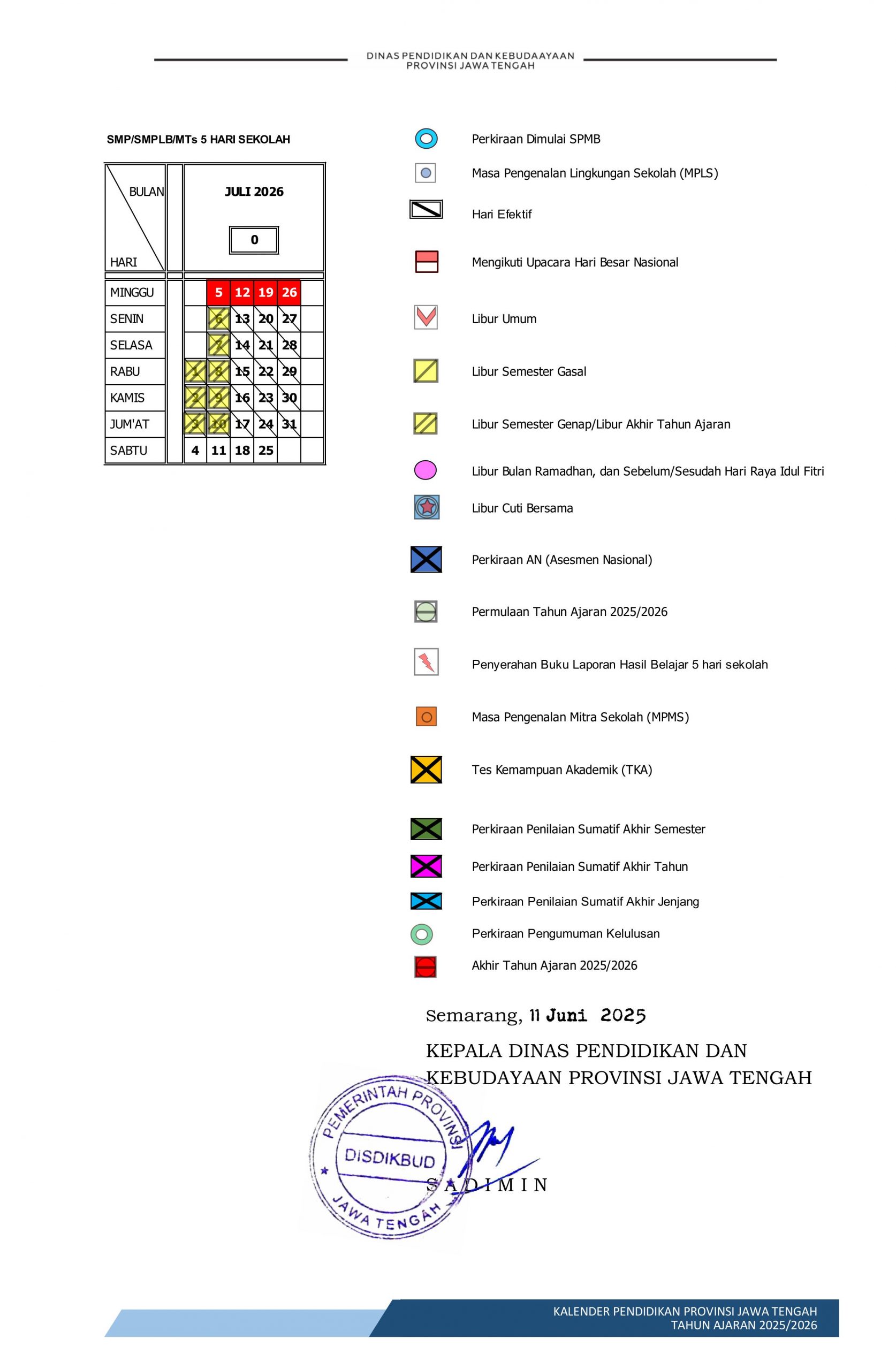 Kalender pendidikan SMP, SMPLB, dan MTs Provinsi Jawa Tengah tahun ajaran 2025/2026 5 Hari Sekolah