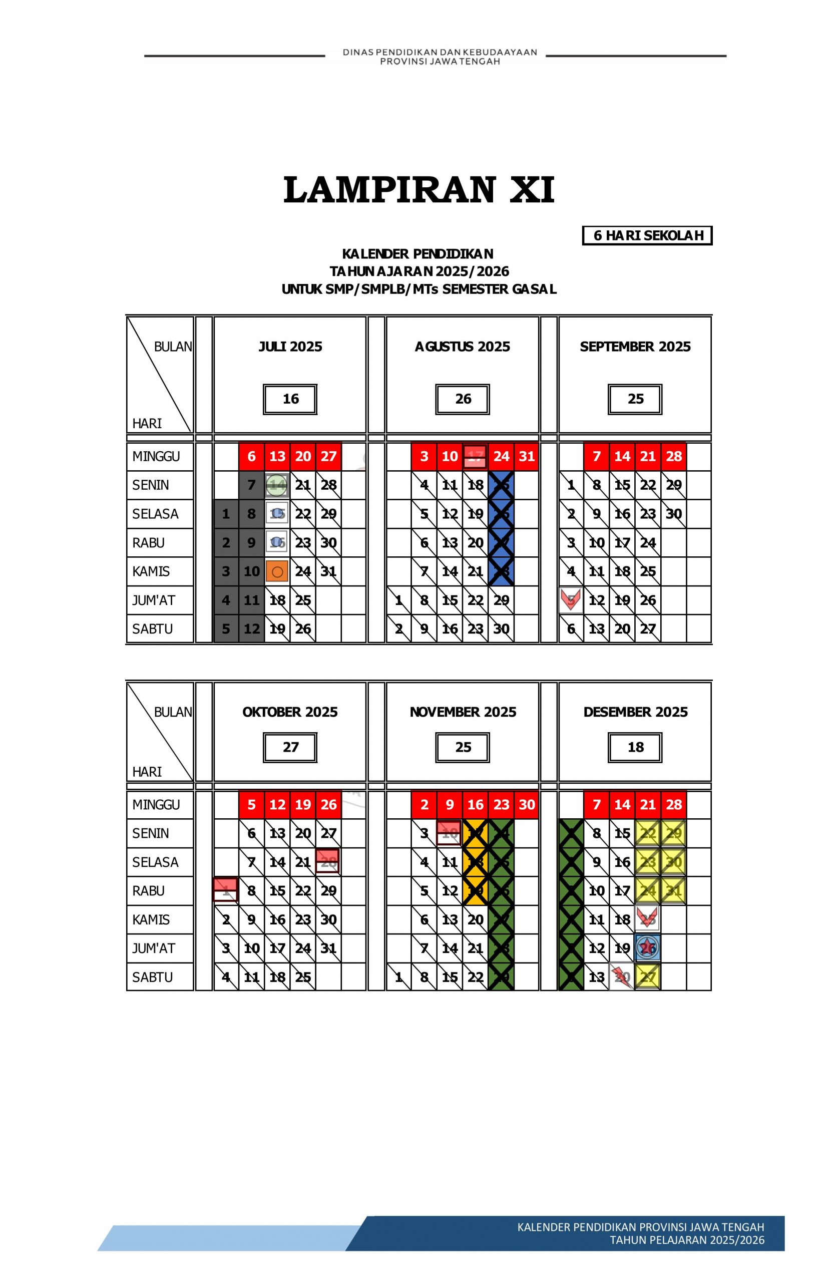 Kalender pendidikan SMP, SMPLB, dan MTs Provinsi Jawa Tengah tahun ajaran 2025/2026 6 Hari Sekolah