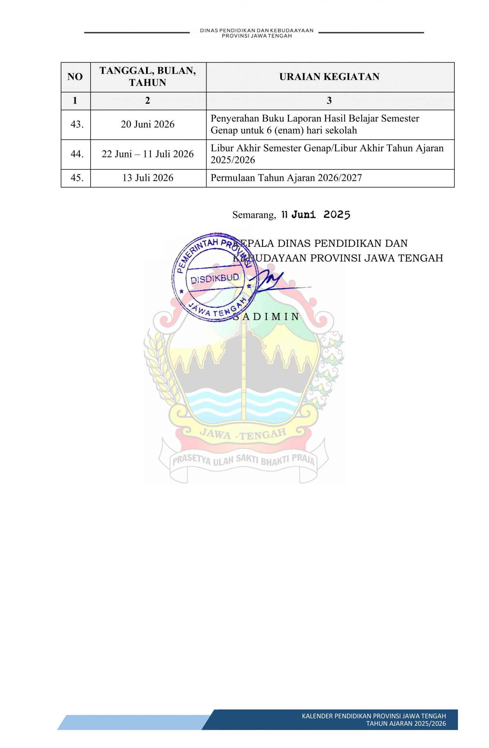 Kalender Pendidikan SMP/MTs Jateng Tahun Ajaran 2025/2026